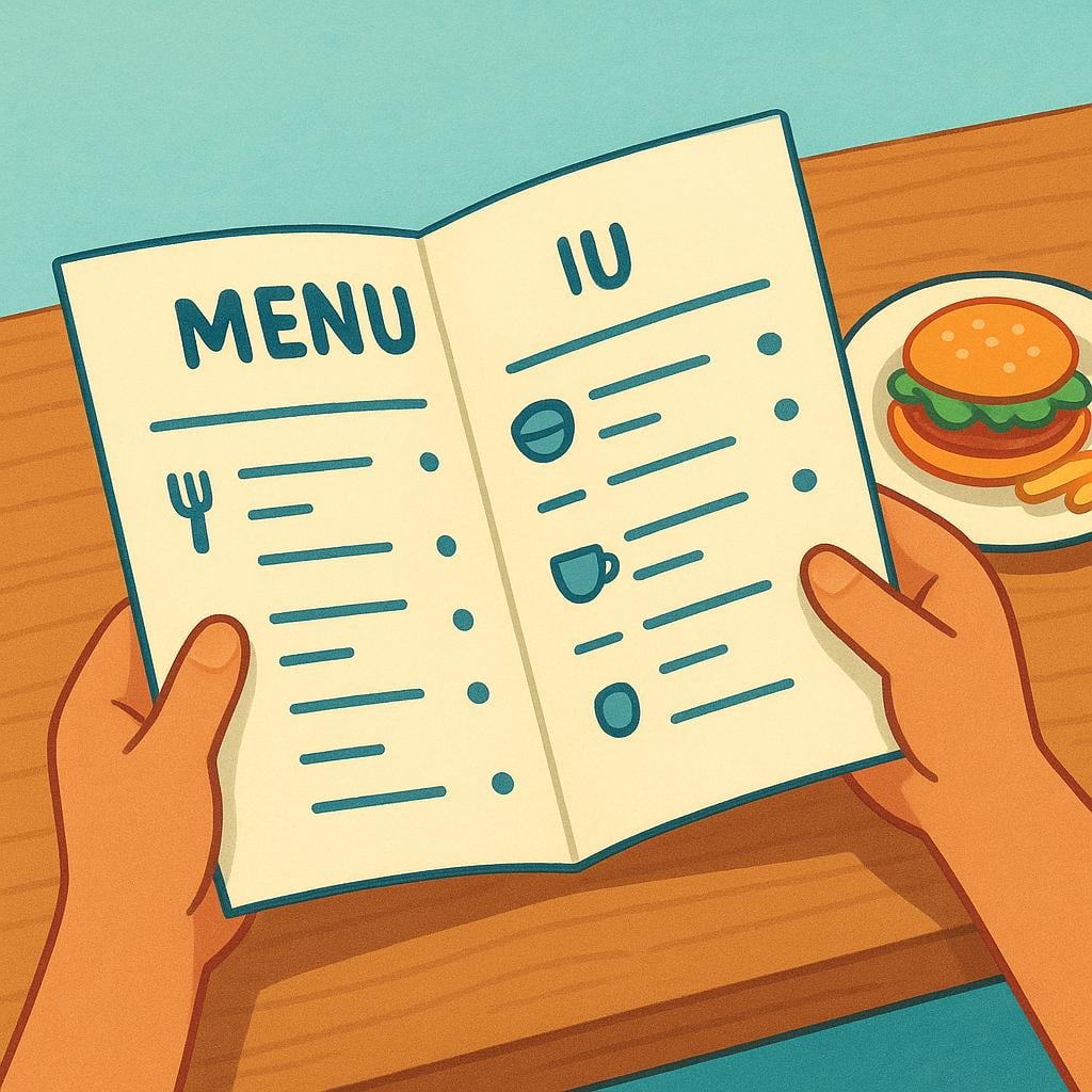 A person's hands holding an open, folded booklet that is clearly a restaurant menu, sitting at a table with a plate of food nearby.