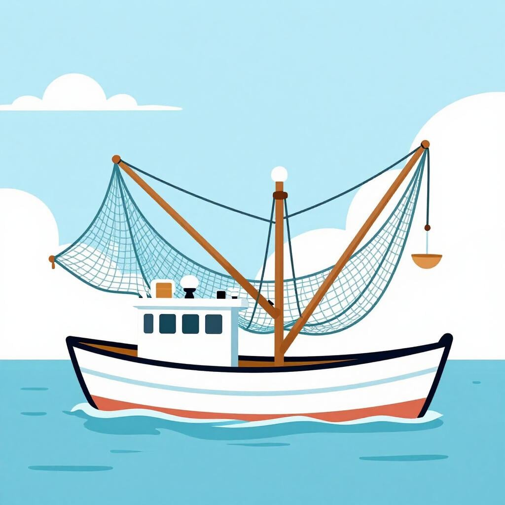 A sturdy commercial fishing boat with nets and a crane floating on calm blue water.