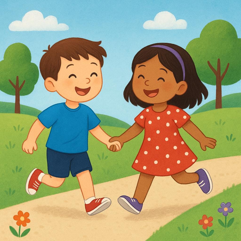 A storybook illustration showing a young boy and girl skipping happily together in a sunny park.
