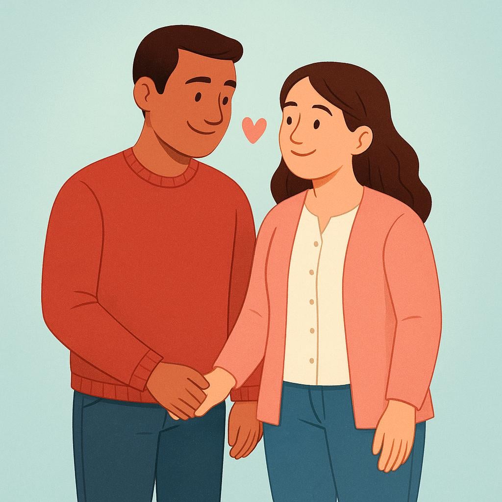 A simple illustration of a smiling man and woman standing side-by-side, holding hands, representing a married couple.