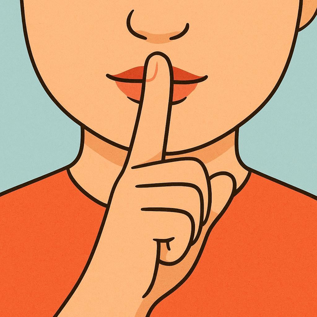 A simple colorful illustration showing a person's hand with an index finger pressed vertically against their lips, signaling the 'shush' or 'be quiet' gesture.