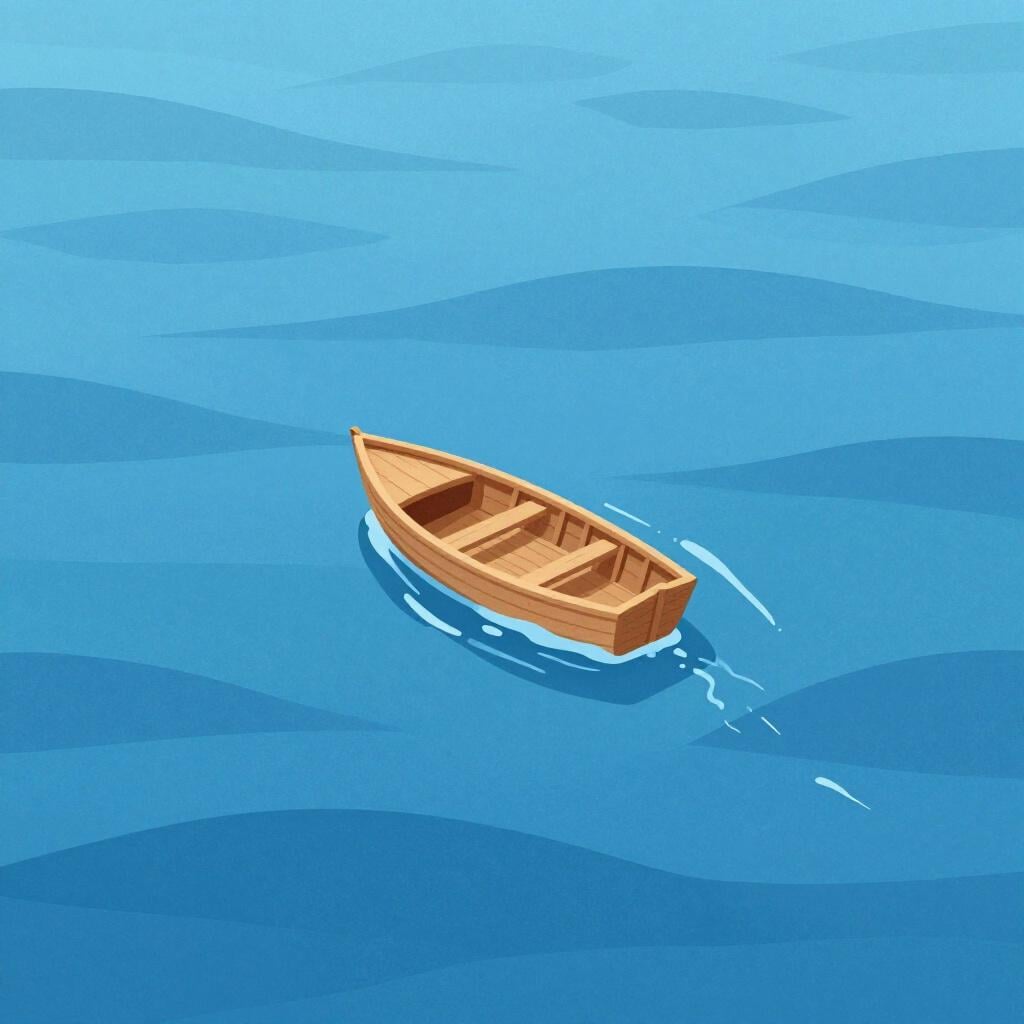 Un petit bateau en bois flottant sur un vaste océan bleu et ondulé sous un grand ciel.