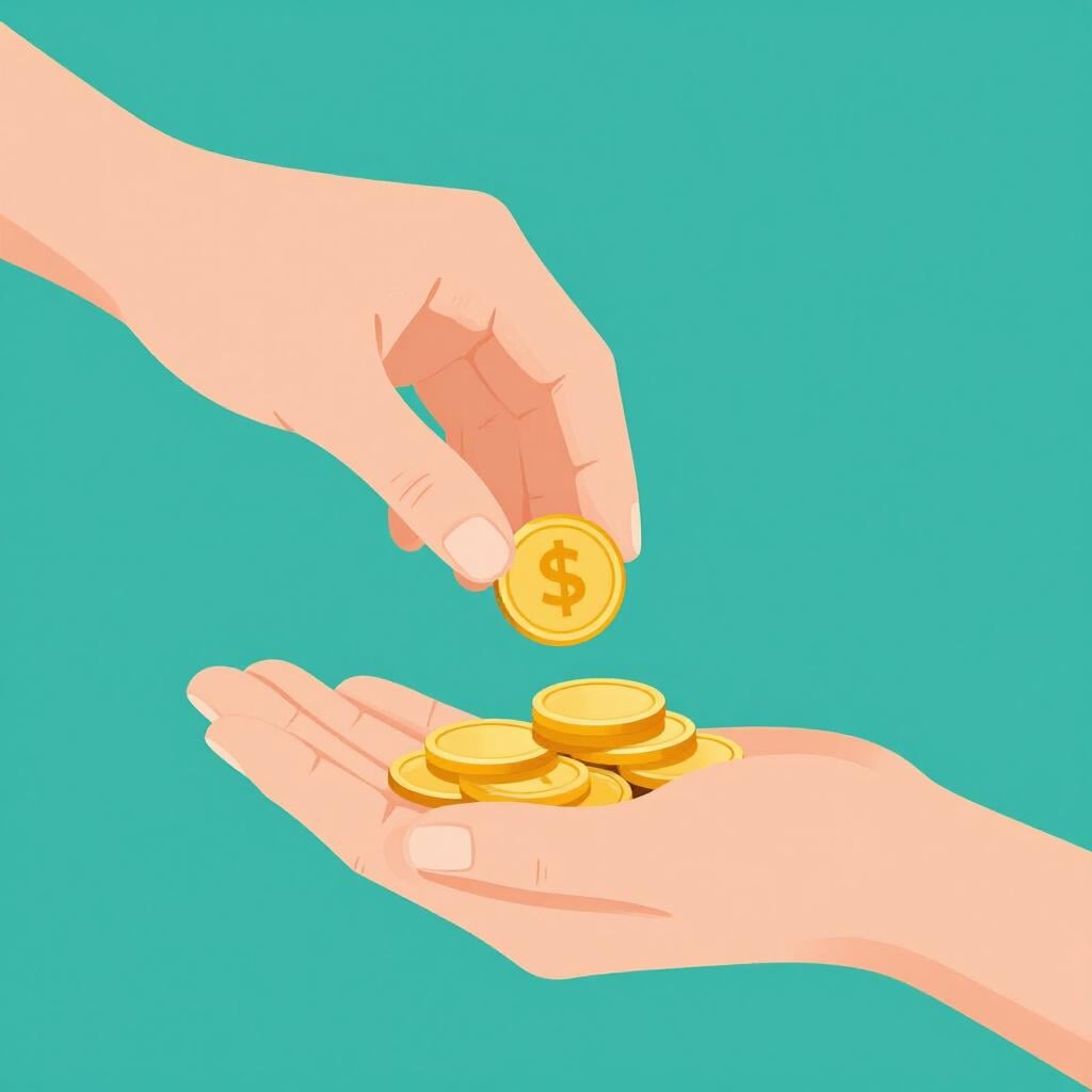 A hand handing over a stack of coins to another hand.