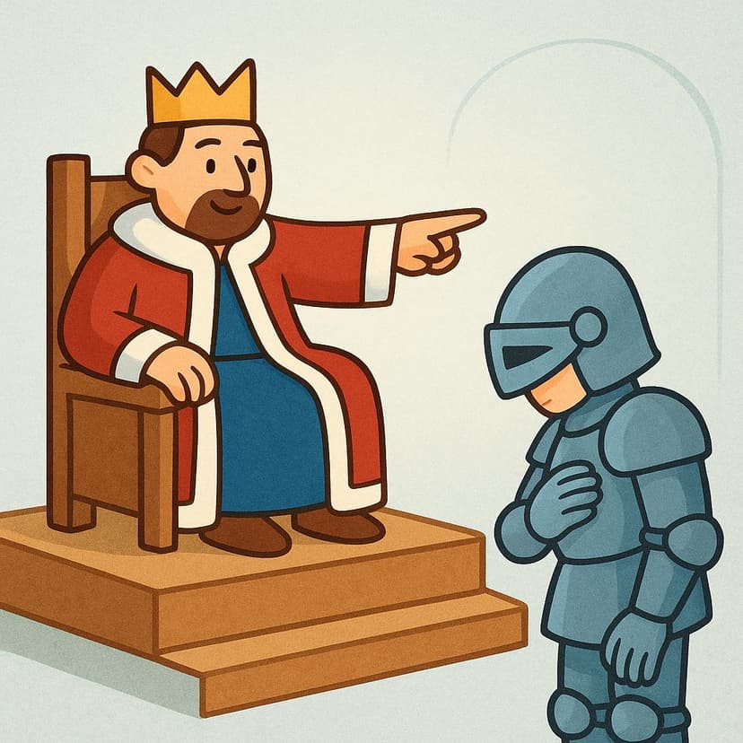 Un'illustrazione colorata di un libro di fiabe che mostra un re seduto su un semplice trono, che indica con decisione con una mano verso un cavaliere inginocchiato, a simboleggiare il dare un comando.