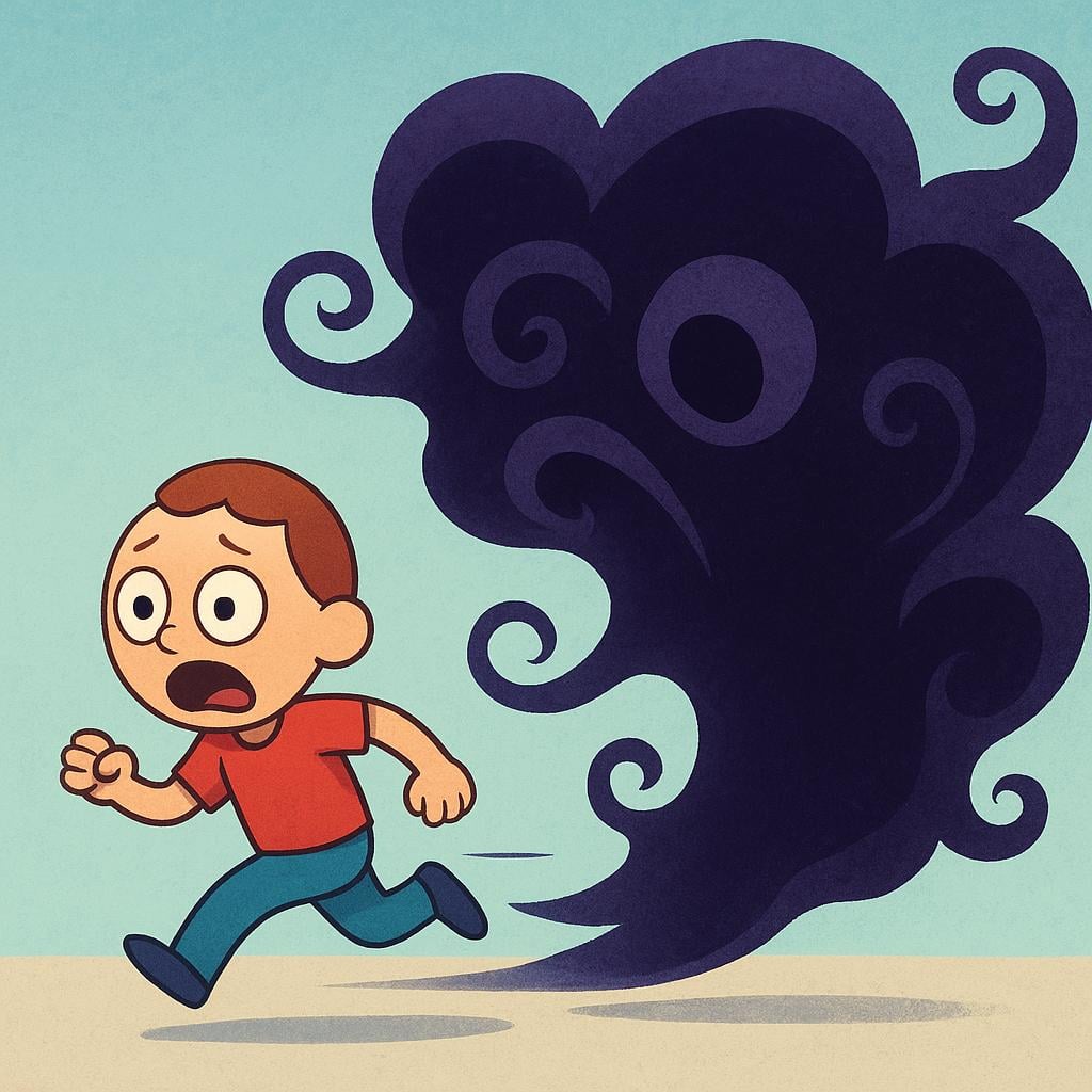 A small, wide-eyed figure running frantically across a simple landscape, chased by a massive, looming, dark purple shadow, symbolizing sudden overwhelming fear.