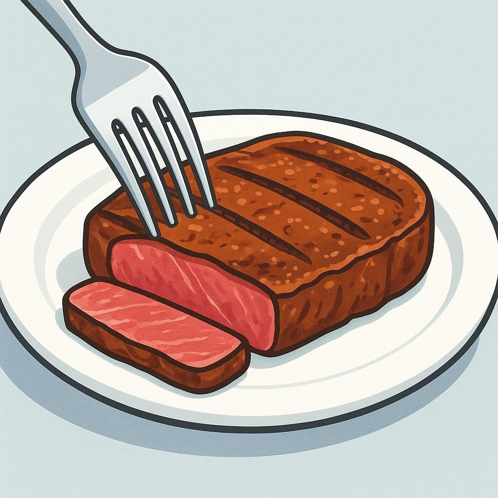 A close-up view of a fork easily slicing through a thick piece of roasted steak resting on a white plate, demonstrating the meat's tender texture.