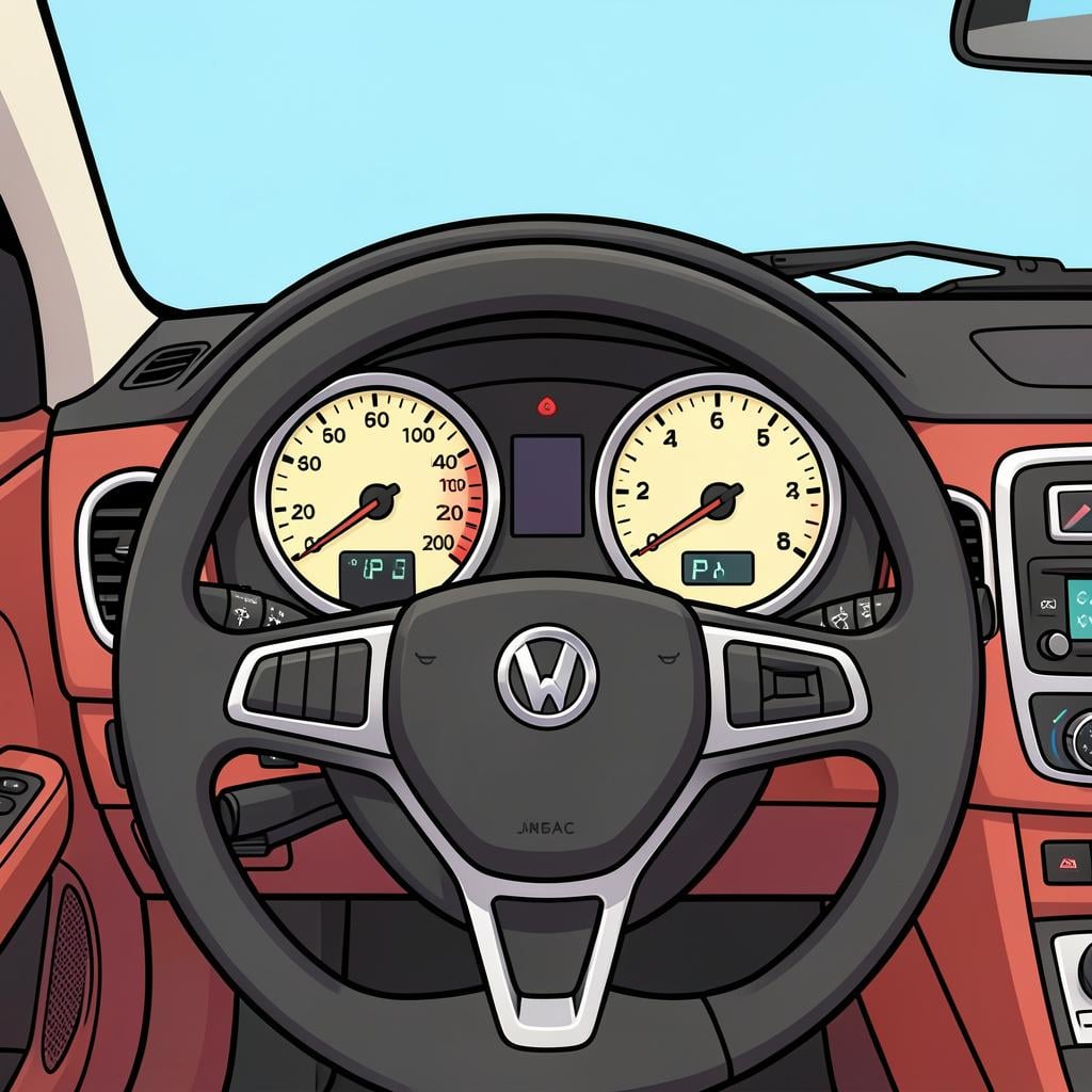 A simple car dashboard with round gauges and a steering wheel.