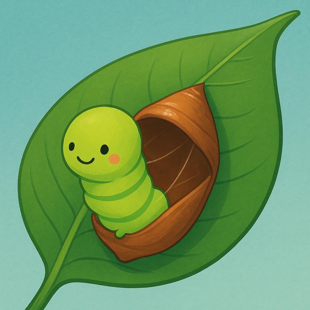 A small green caterpillar is clinging to a branch, beginning the process of wrapping itself into a brown chrysalis, symbolizing a fundamental change of identity.