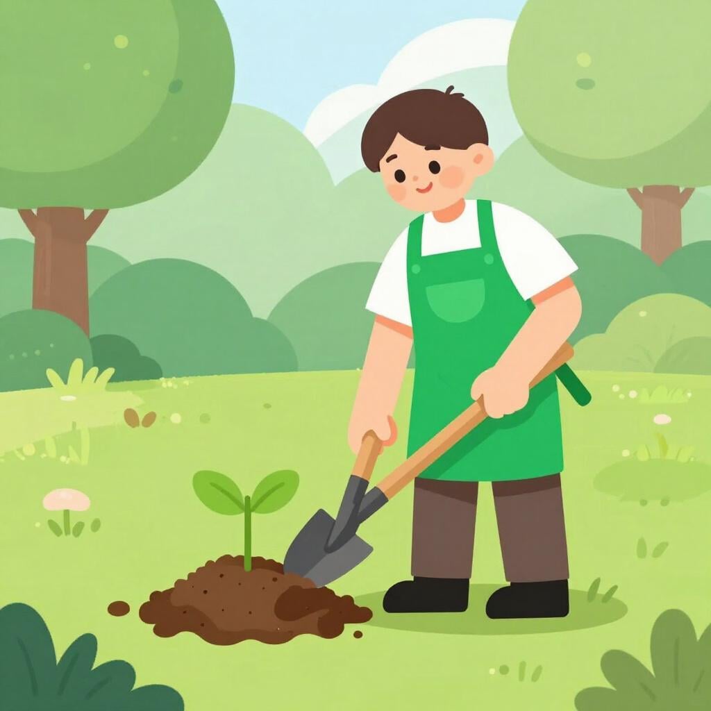 A person happily planting a young tree in a public park to improve the environment.
