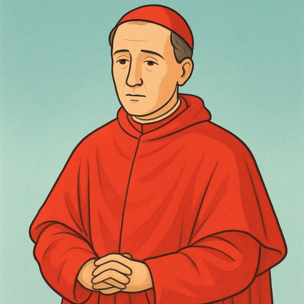 Un haut dignitaire de l'Église catholique, connu sous le nom de cardinal, portant une soutane rouge vif et un calot assorti.