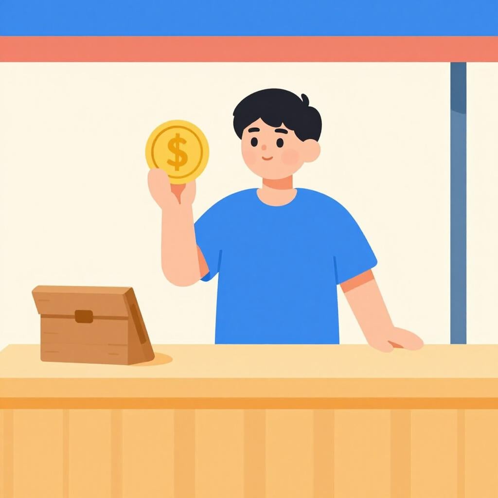 A friendly person standing behind a wooden counter, holding a gold coin and smiling.