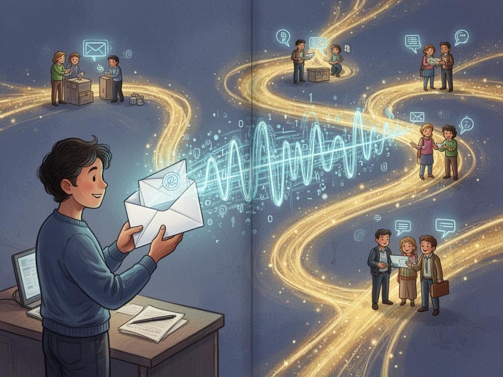 A series of glowing interconnected lines and icons representing data and messages traveling between people.