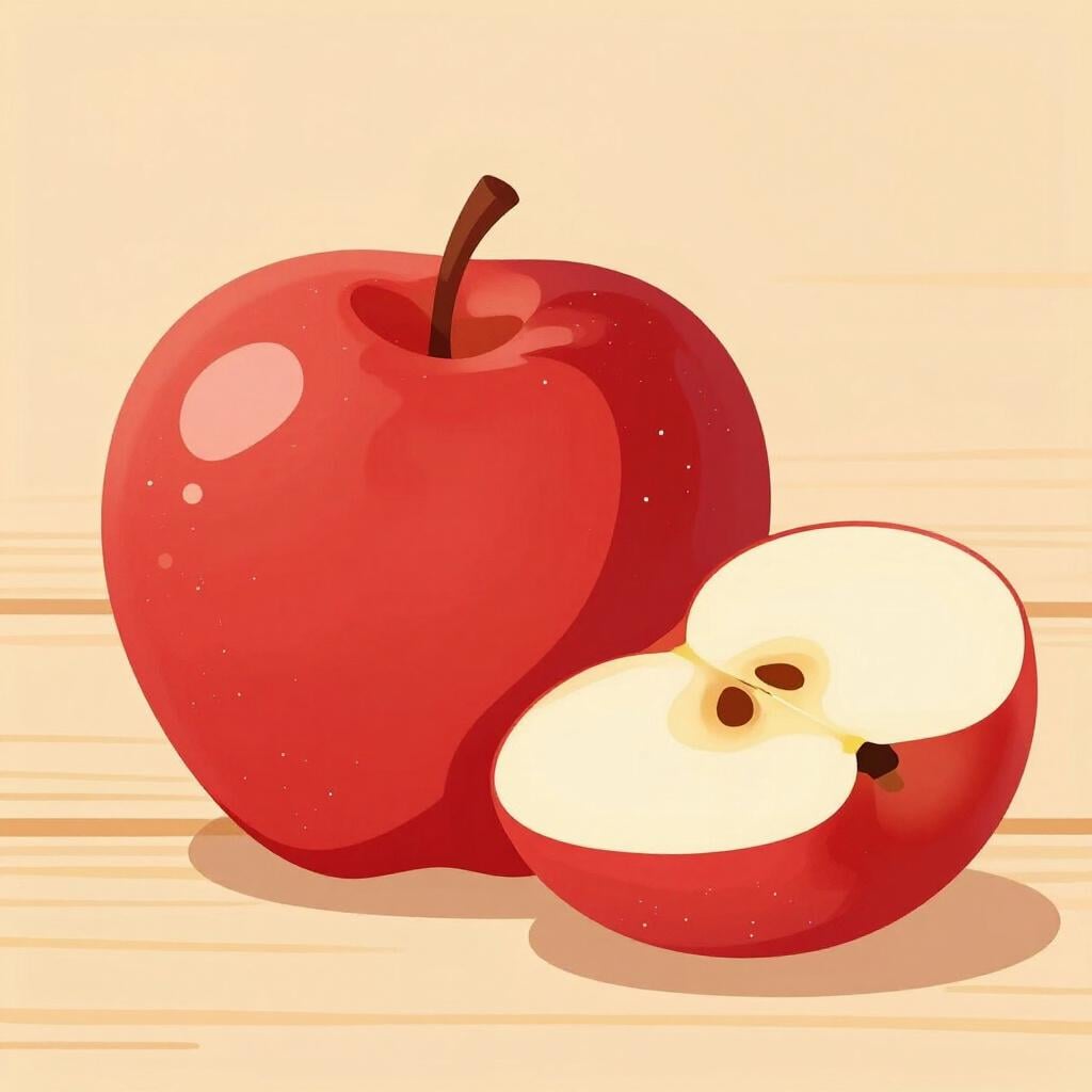 A whole red apple cut into two clean halves on a wooden table.