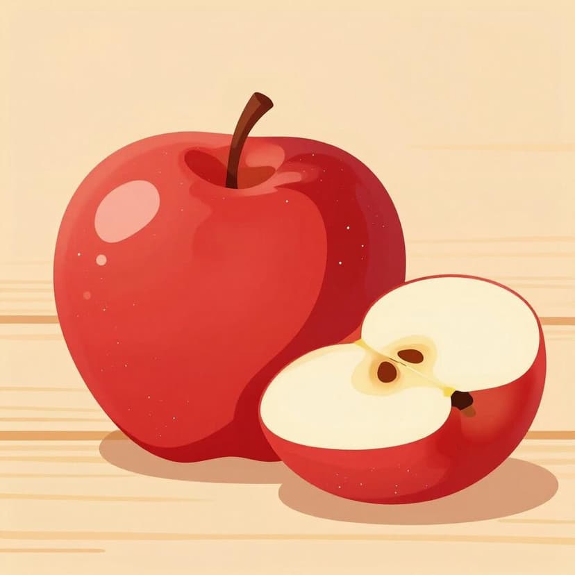 A whole red apple cut into two clean halves on a wooden table.
