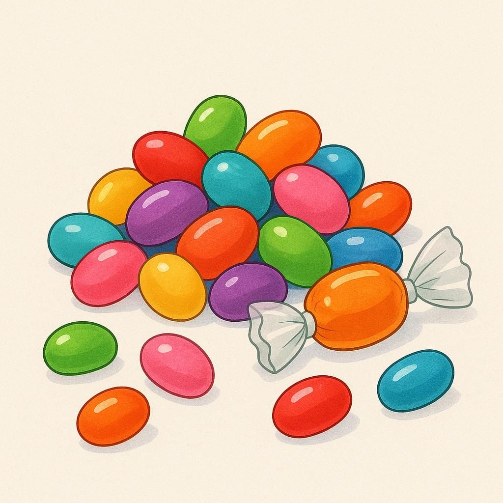 A small, colorful pile of assorted candies and sweets, including lollipops and wrapped hard candies.