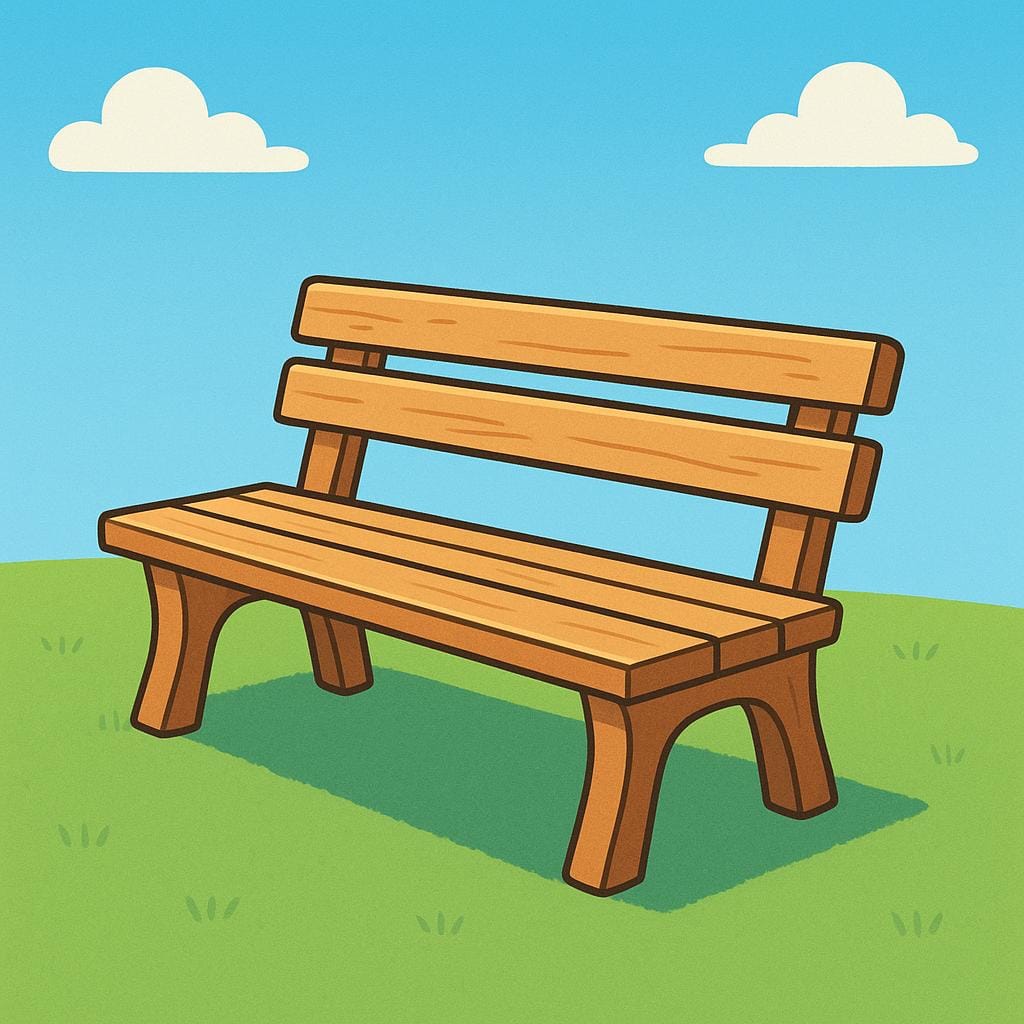 A simple wooden park bench sitting empty in a sunny green park setting.