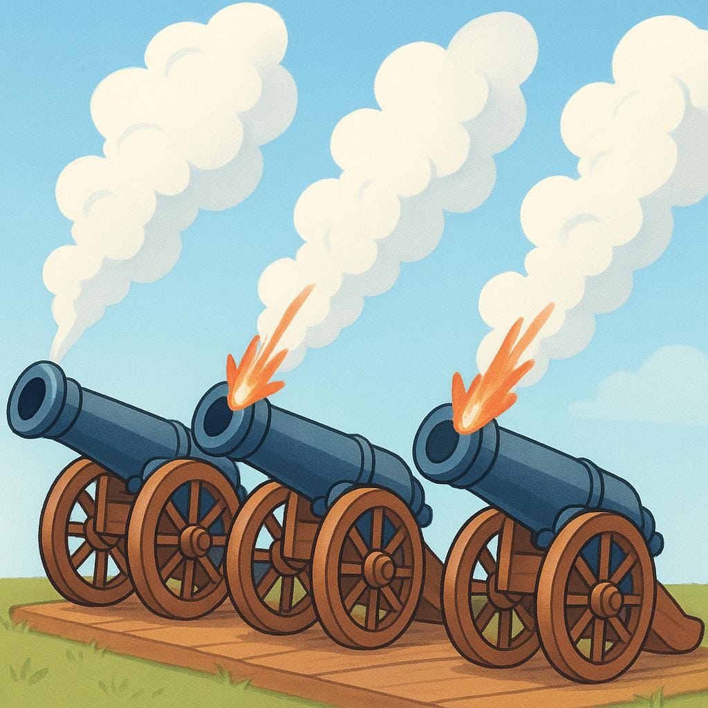 A colorful storybook illustration showing three antique cannons firing simultaneously, creating large plumes of smoke.