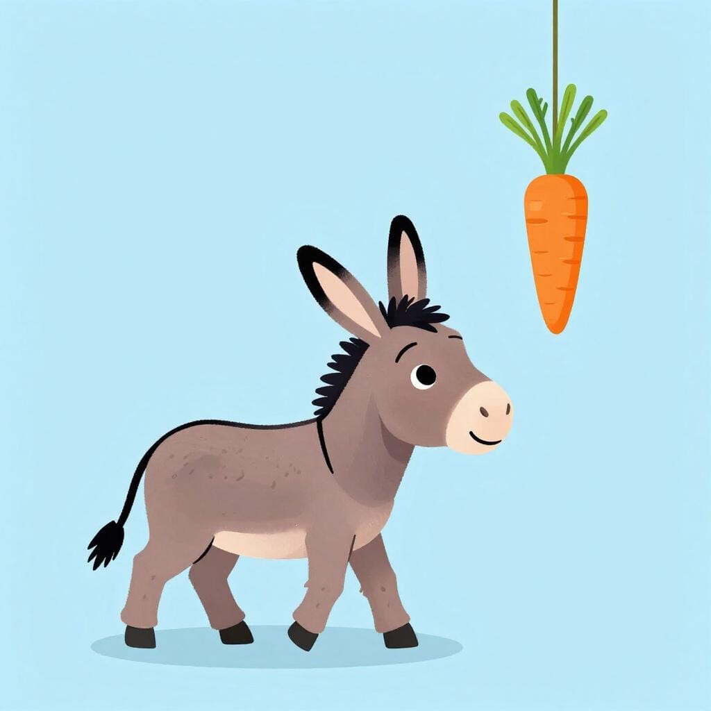 A donkey walking forward to reach a bright orange carrot hanging from a string in front of it.