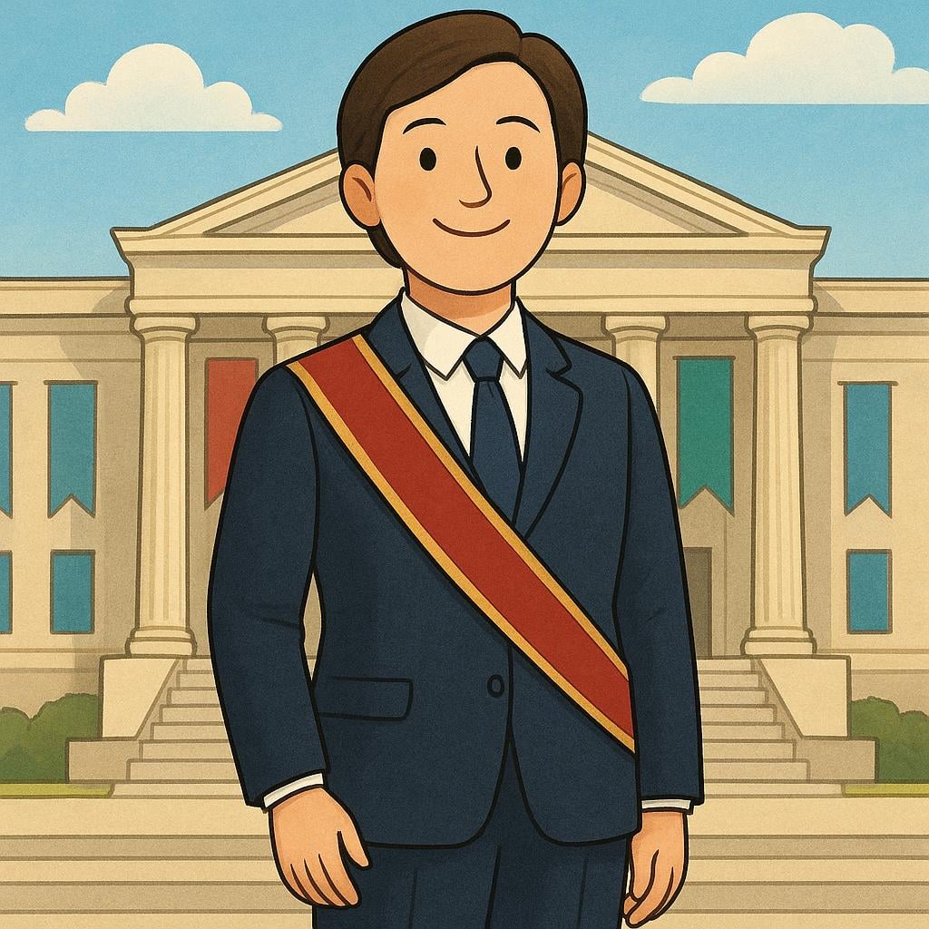 A formally dressed political leader, representing a governor, standing confidently in front of a grand official government building. The leader is wearing a ceremonial sash.