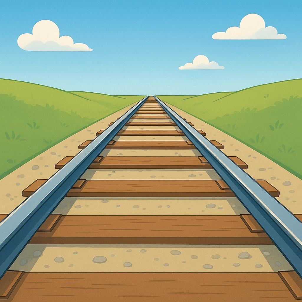 A simple illustration showing two parallel metal rails laid on wooden sleepers, stretching straight towards the horizon.