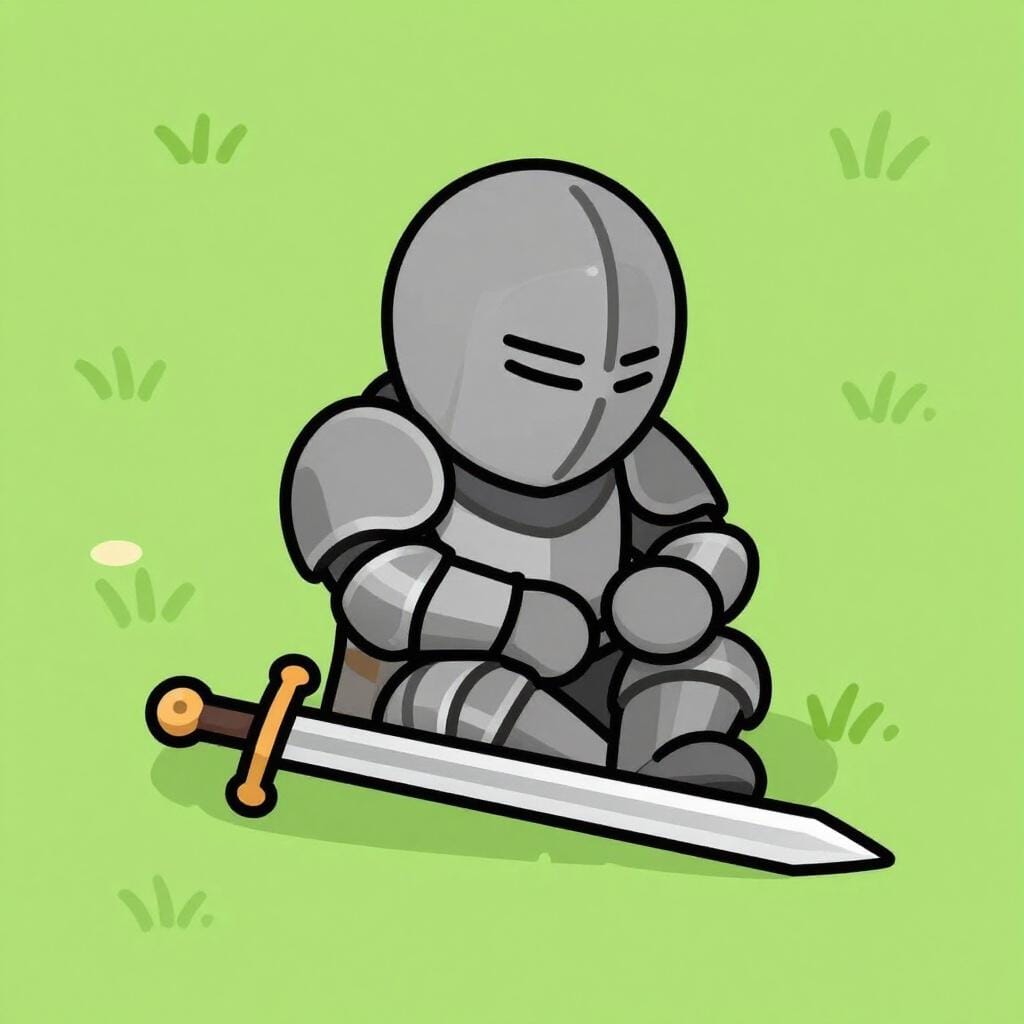 A small knight sitting on the ground with a broken wooden sword, looking sad next to a tall castle wall.