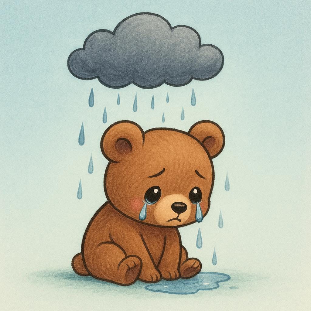 A tiny, dejected bear cub sitting alone under a small rain cloud, weeping visibly.