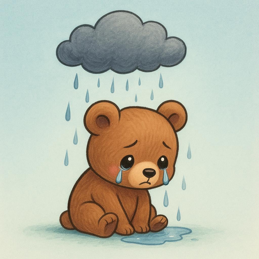 A tiny, dejected bear cub sitting alone under a small rain cloud, weeping visibly.