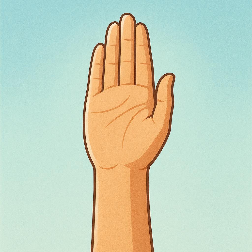 A close-up storybook illustration showing a single adult hand raised vertically into the air, palm facing forward, signifying the act of taking an oath or making a solemn promise.