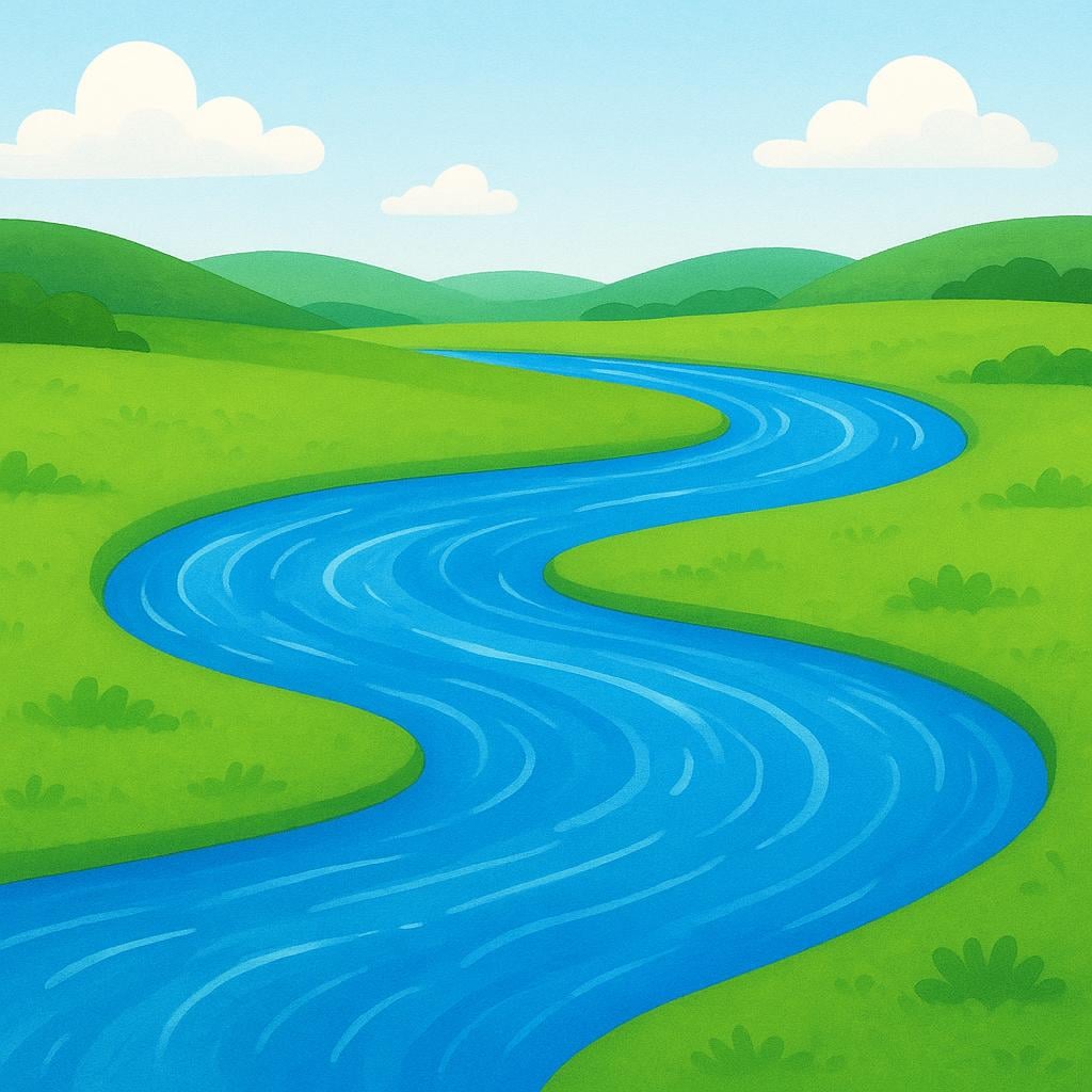 A vibrant blue stream of water flowing smoothly and continuously across a green, grassy landscape.