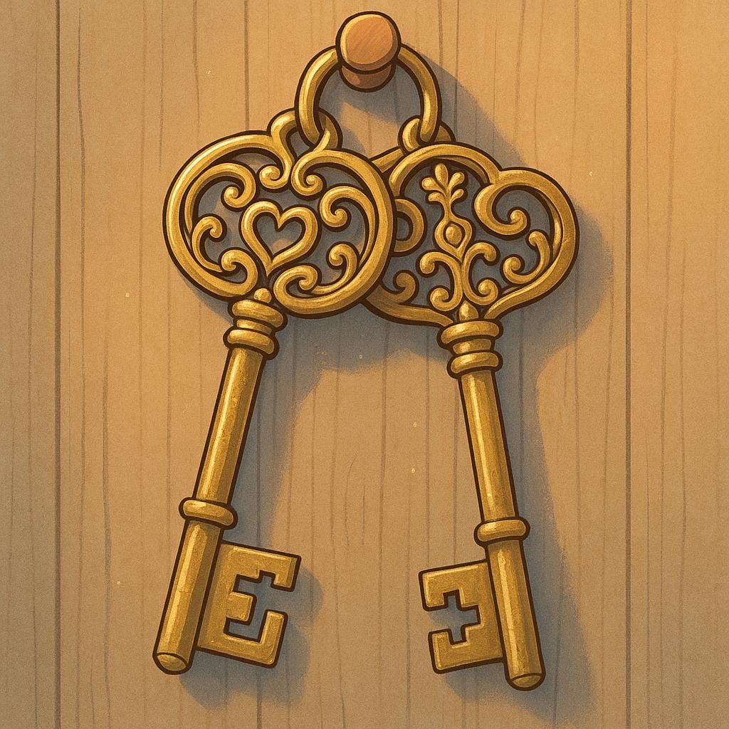 Two large, ornate, tarnished brass keys hanging unused on a wooden peg, representing former responsibilities or positions.