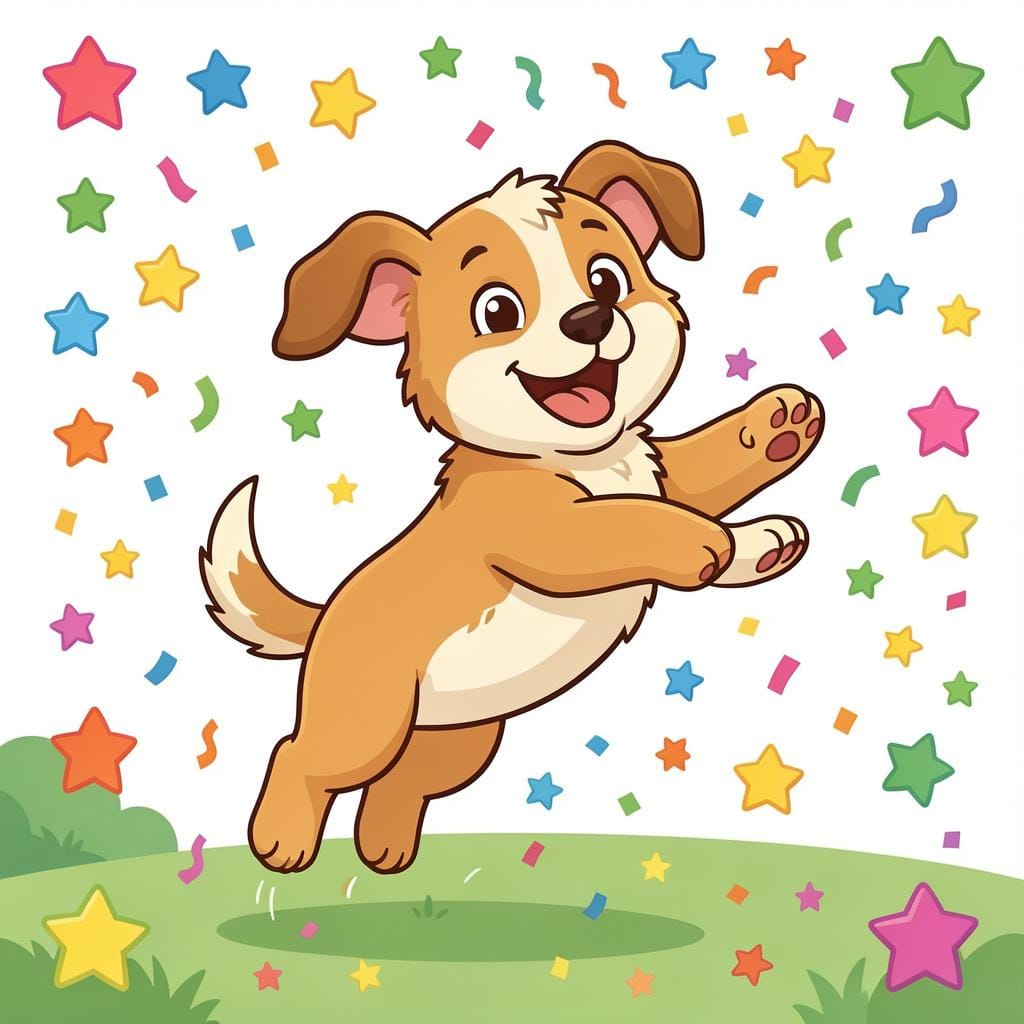 A small, energetic dog jumping high in the air with colorful stars and confetti in the background.