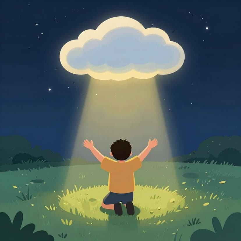 Een persoon die knielt onder een sterrenhemel met uitgestoken handen naar een gloeiende lichtstraal die uit de wolken neerdaalt.