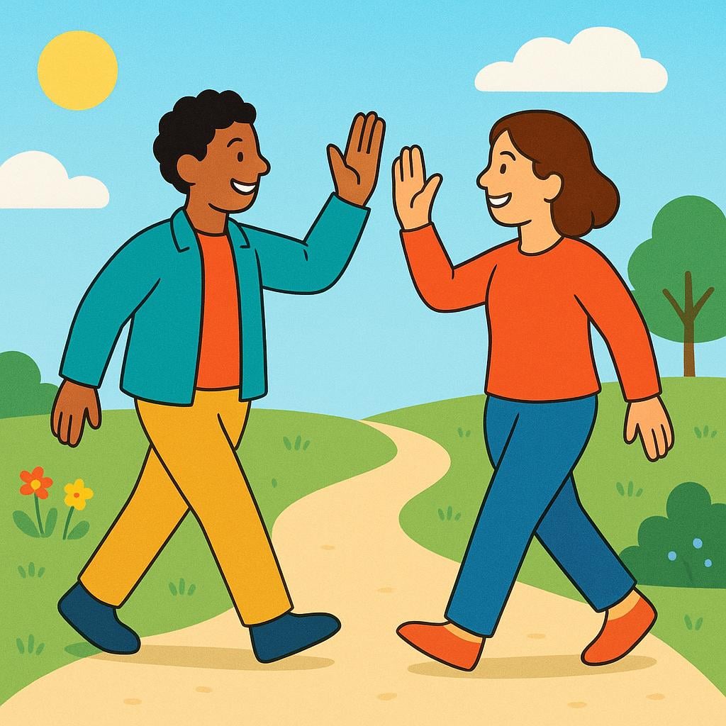 Two people smiling warmly as they walk toward each other on a path, extending their hands in greeting.