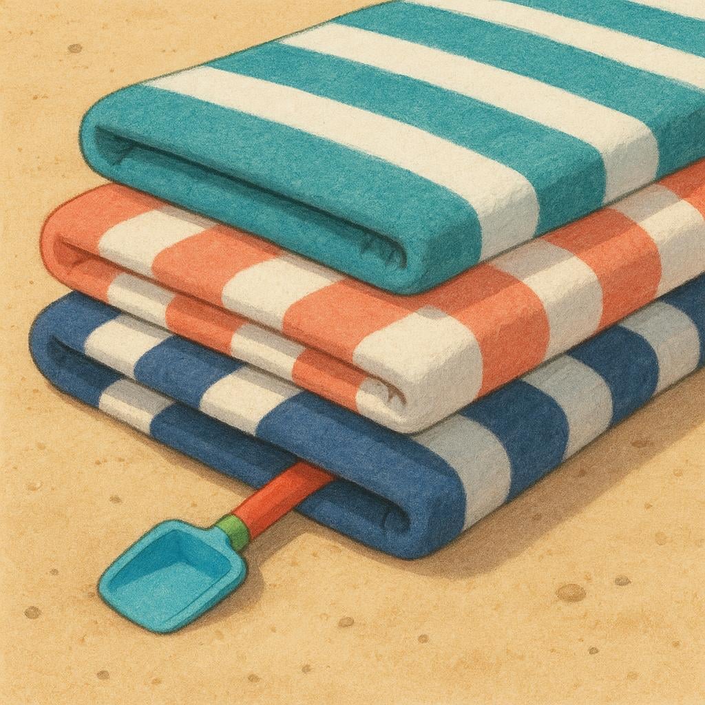 A small, colorful toy shovel is tucked out of sight beneath a stack of three large, striped beach towels on a sandy beach.