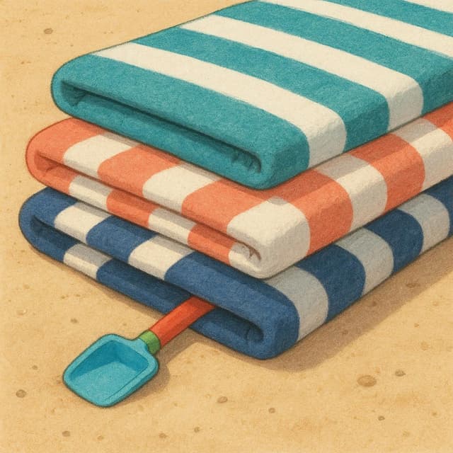 A small, colorful toy shovel is tucked out of sight beneath a stack of three large, striped beach towels on a sandy beach.