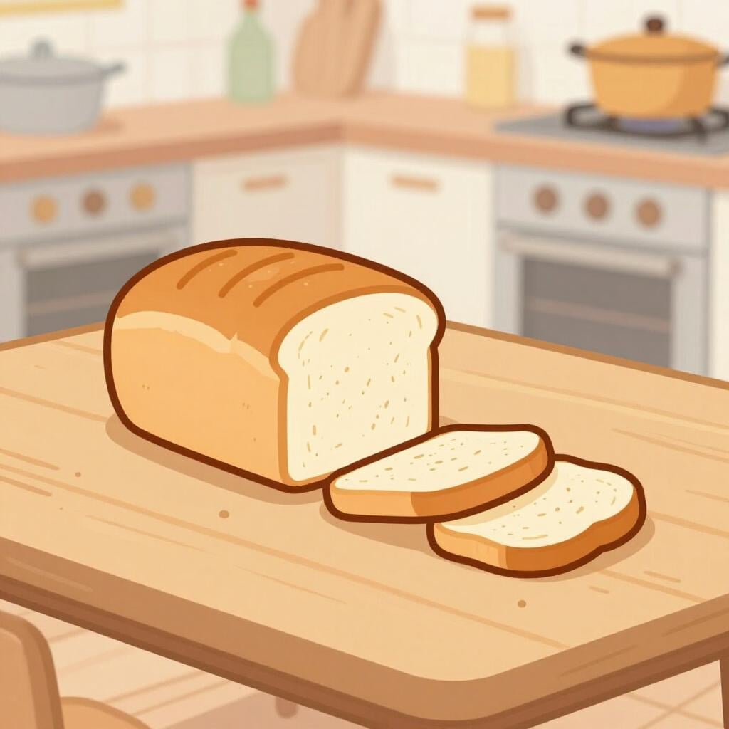 A small loaf of bread being carefully divided into many thin, even slices on a wooden table.