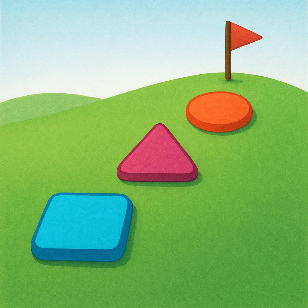 A high quality simple colorful storybook illustration depicting a clear, structured path. The path consists of three distinct, brightly colored geometric stepping stones (a square, a triangle, and a circle) arranged sequentially on a green ground, leading directly to a small red flag planted in the ground.