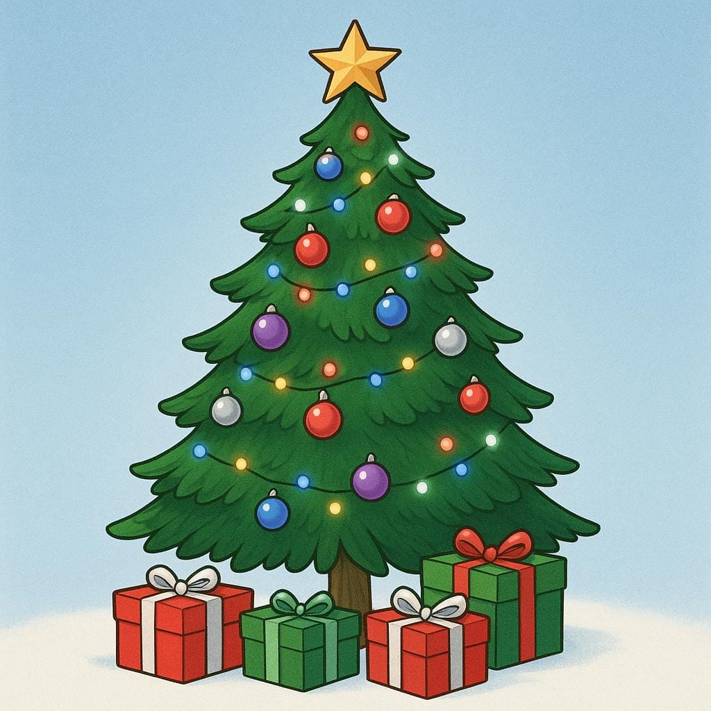 Uma árvore de Natal ricamente decorada com enfeites coloridos e presentes embrulhados empilhados na base.