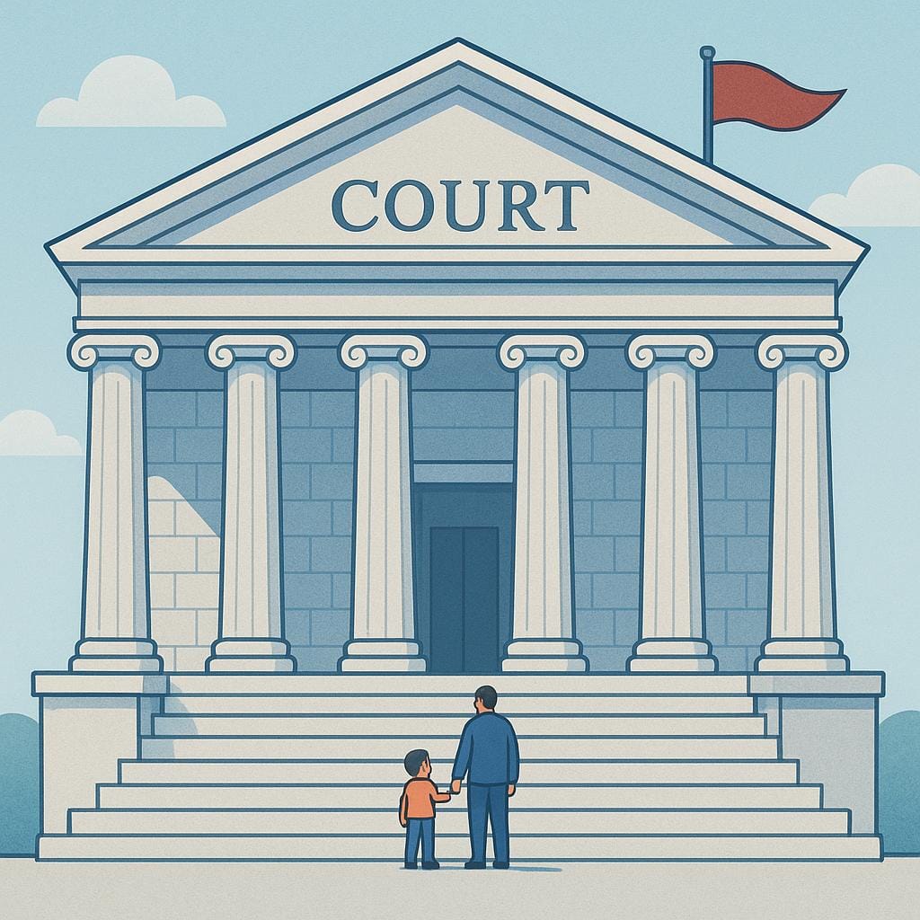 A grand, symmetrical stone building with tall columns and a wide set of stairs leading to the entrance, representing a courthouse.