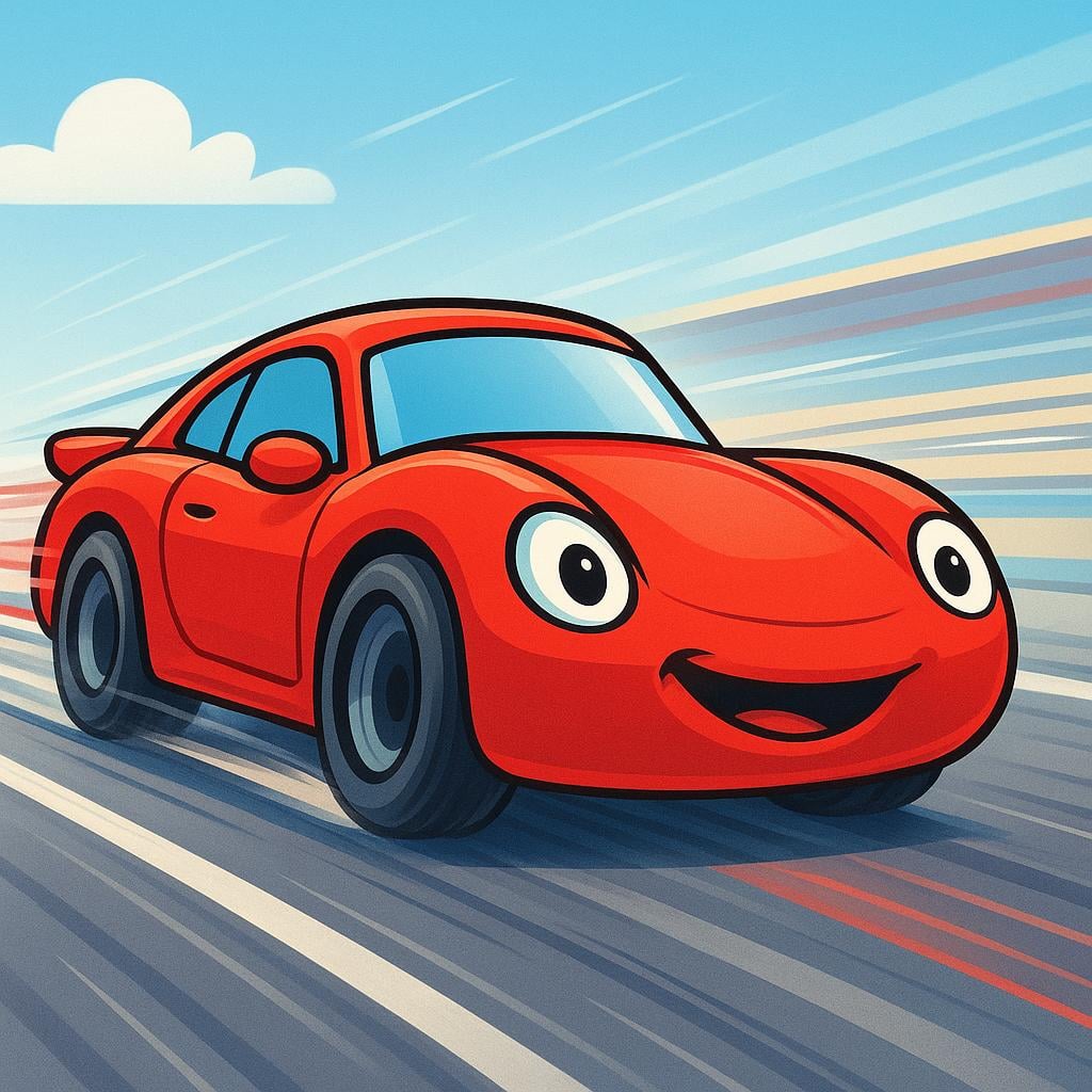 A fast red cartoon race car accelerating rapidly down a track, depicted with strong motion lines.