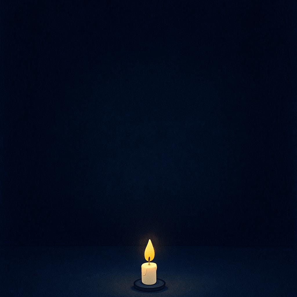 Eine einzelne, winzige Kerzenflamme, die in einer dunklen Umgebung kaum sichtbar ist und eine schwache Lichtquelle veranschaulicht.