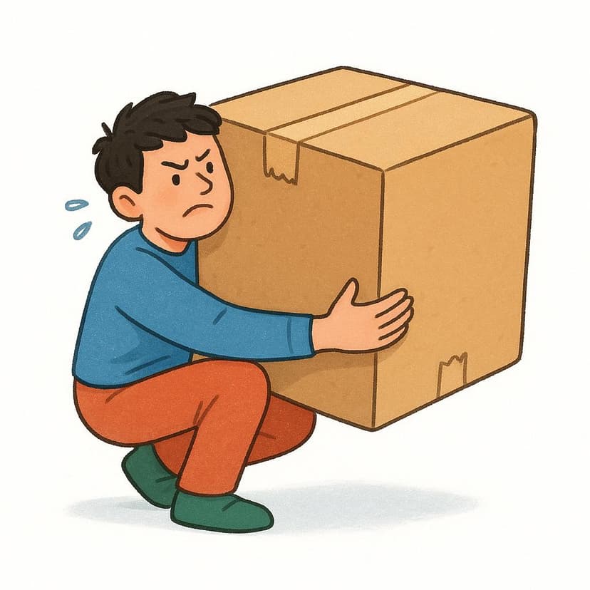 A person in a bright shirt struggling to carry a very large, heavy cardboard box.