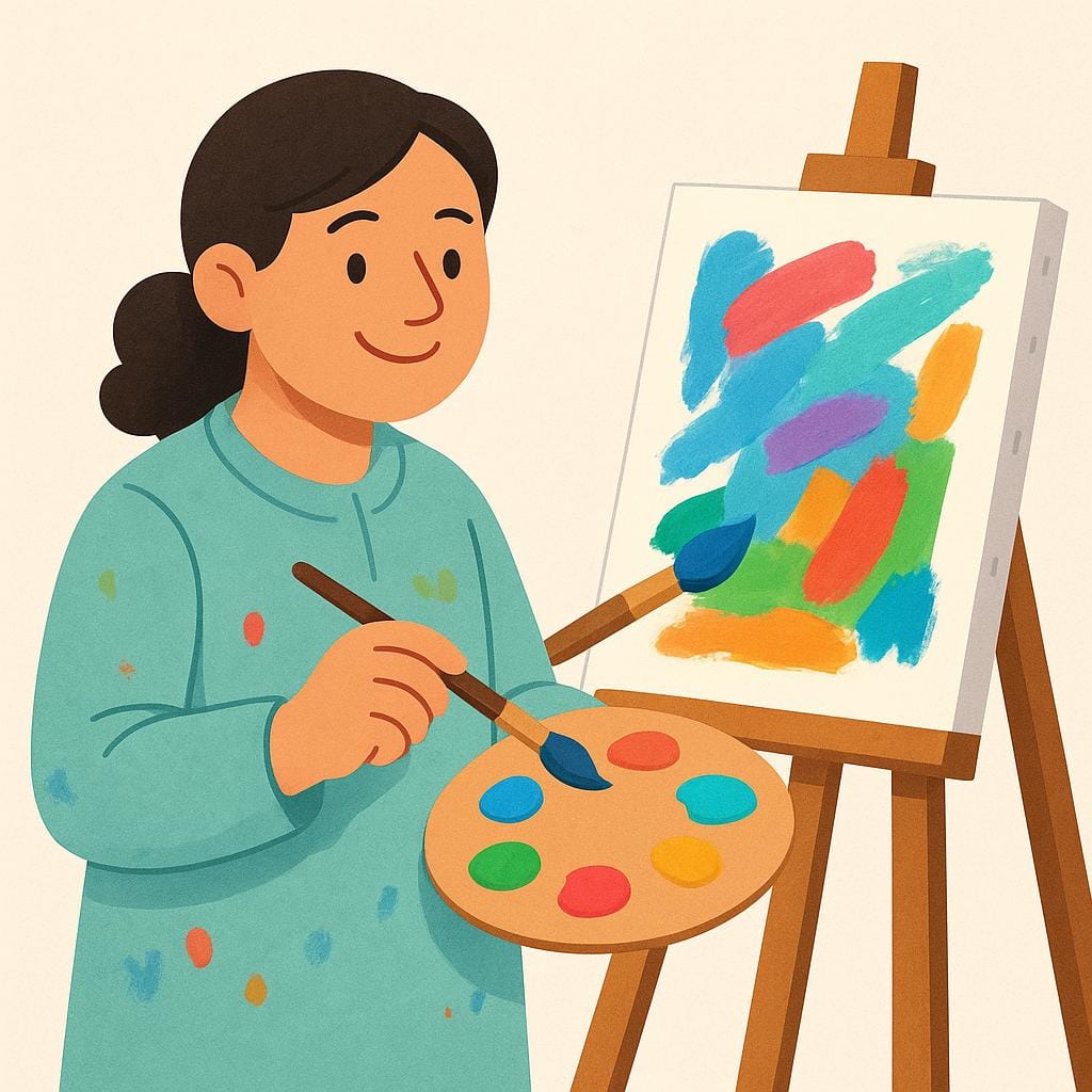 Un'illustrazione colorata che mostra un pittore al cavalletto, con in mano una tavolozza e un pennello.