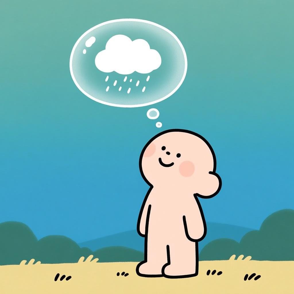 Uma pessoa parada ao ar livre, olhando para o céu com uma expressão pensativa. Uma pequena bolha de pensamento clara acima de sua cabeça contém uma nuvem de chuva fofa e uma única gota de chuva, representando uma opinião.