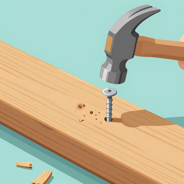 A hammer striking a silver nail into a wooden board.