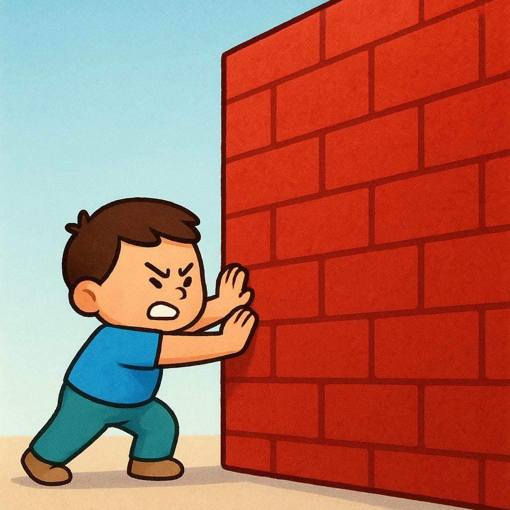A small, determined cartoon figure pushing firmly against a large, unmoving, solid red brick wall with both hands, symbolizing opposition.