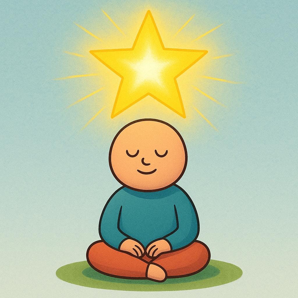 An illustration of a character with a large, intensely bright, radiating star floating above their head, symbolizing a brilliant idea or intellectual insight.