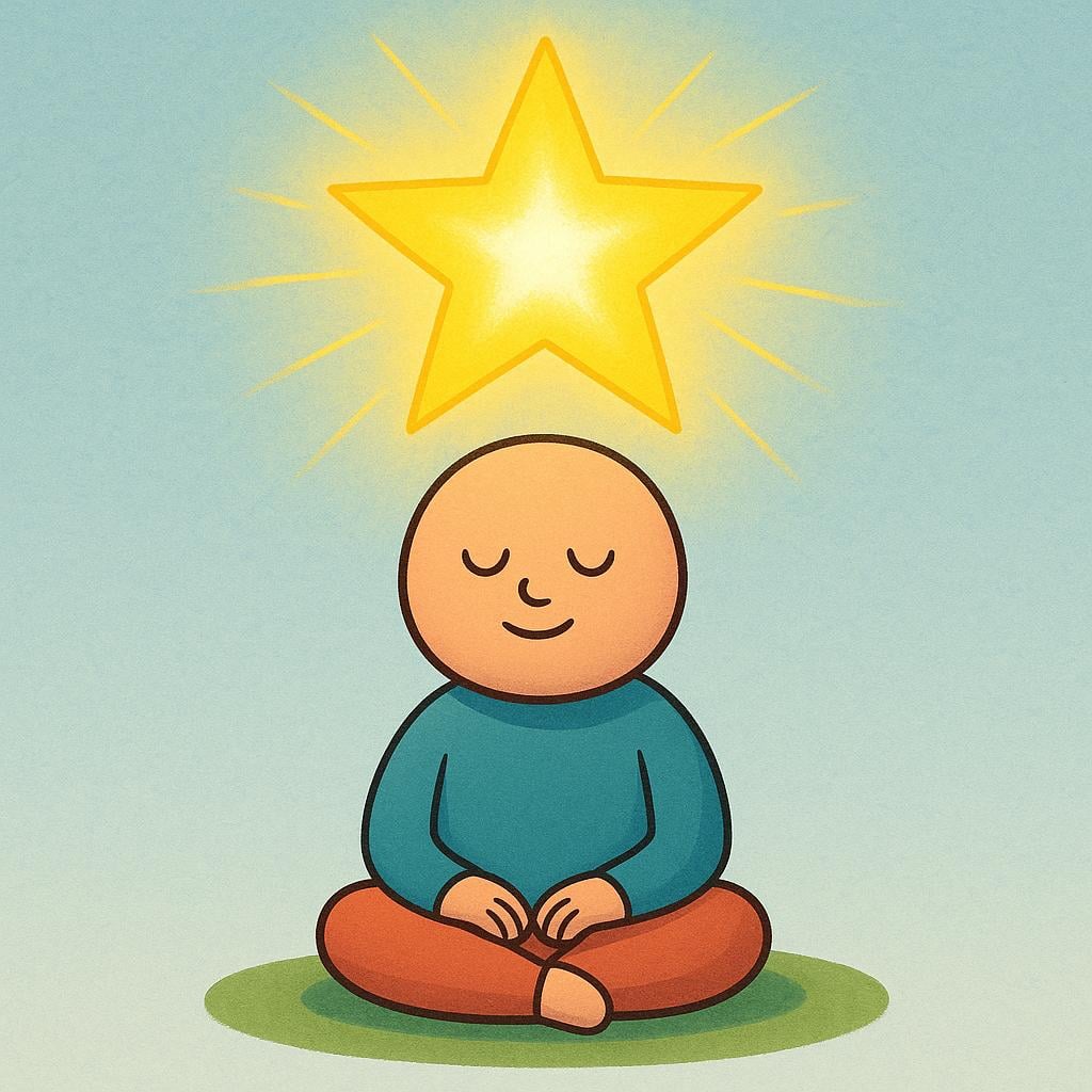 An illustration of a character with a large, intensely bright, radiating star floating above their head, symbolizing a brilliant idea or intellectual insight.