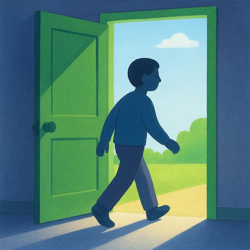 A cheerful person stepping out of a brightly lit doorway onto a path, illustrating the action of leaving a place.