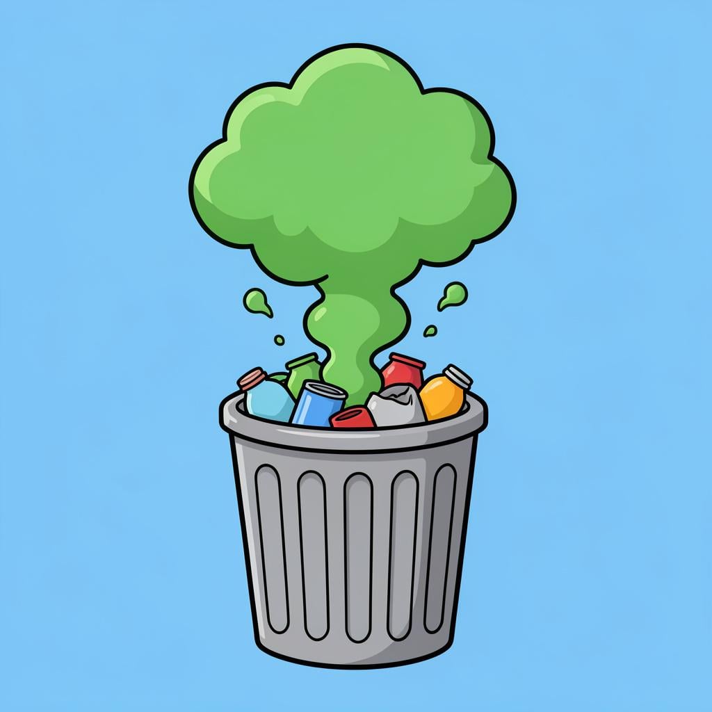A green cloud of vapor rising from a garbage can, indicating a bad smell.